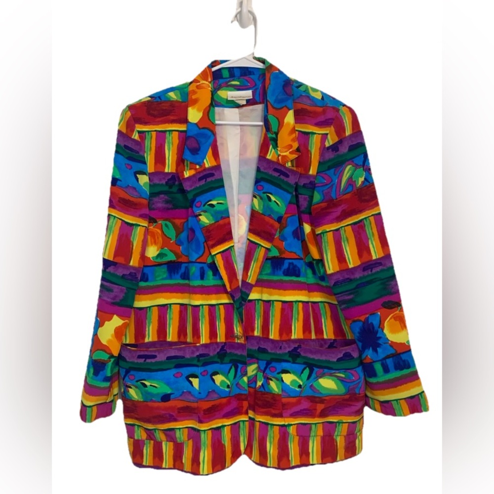 Vtg 80s Jordana USA Sz Med Jacket Bright Colorful Floral Striped  Blazer